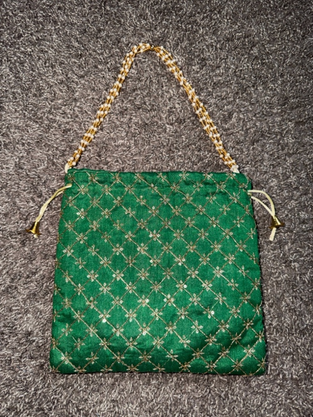 Green Potli Drawstring Bag with Gold Beaded Handle - Picture 3 of 10